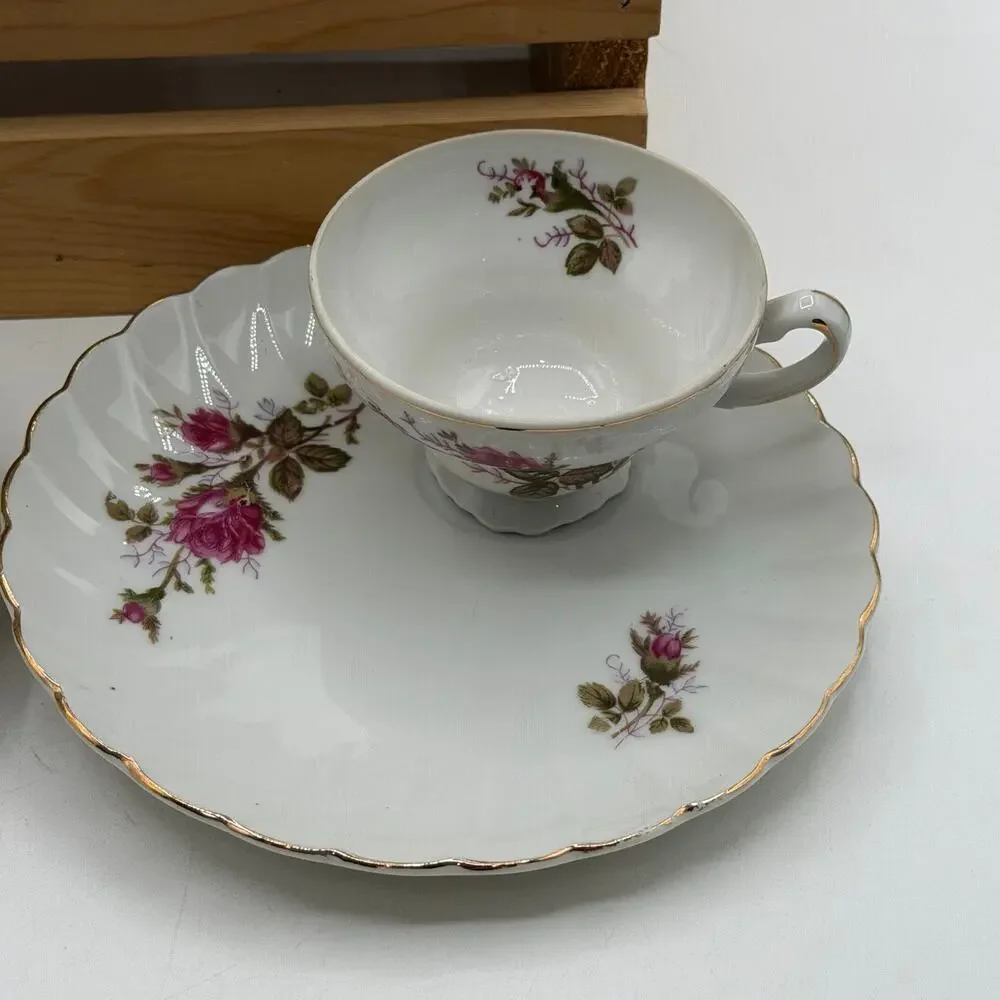Vintage Pink Rose Fine Porcelain Teacup and Saucer Set –Trio Duo Pair (Set of 3)
